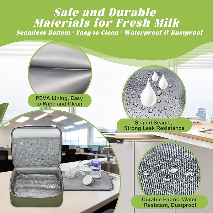 Breast Pump Bag with Insulated Cooler, Double-Layer Pumping Bag for Work & Travel, Fits Most Electric Breast Pumps, Includes 10 Ice Packs & Waterproof Mat, Detachable Bottle Cooler Tote, Green