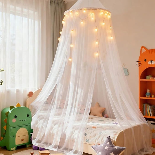 Princess White Bed Canopy with Lights for Girls Bed Net,Princess Canopy for Kids Bed Room Decor (White+Lights)