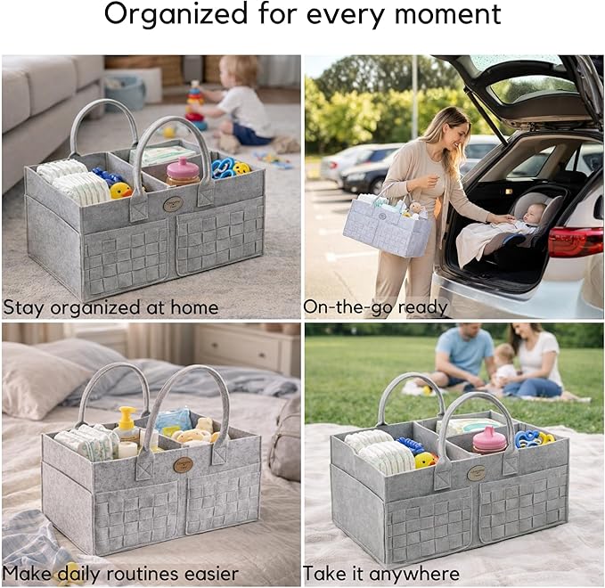 Baby Diaper Caddy Organizer for Nursery – Large Felt Storage Basket for Baby Essentials, Wipes & Diapers – Portable Nursery Organizer Bin for Changing Table or Living Room Light Grey