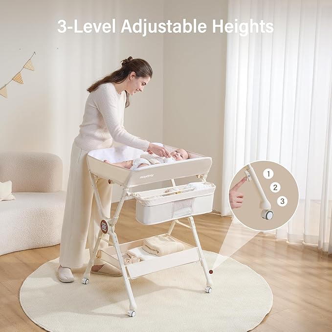 Maydolly Changing Table，Portable Diaper Changing Station, Foldable Baby Changing Table,Compact Nursery Diaper Changing Table for Baby，Adjustable Height，Mobile on Wheels (Beige)