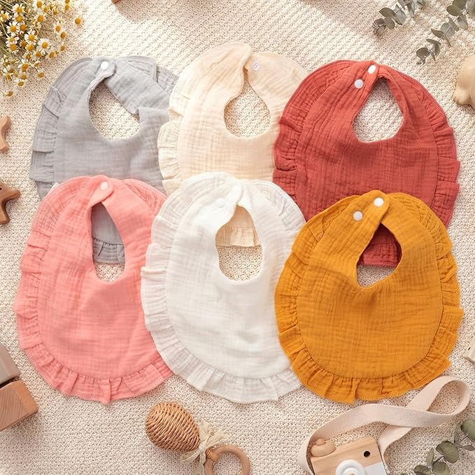 Kenning 18 Pcs Muslin Drool Baby Bibs Ruffle Absorbent Bib with Snap Button Boy Girl for Drooling Teething Infant Newborn