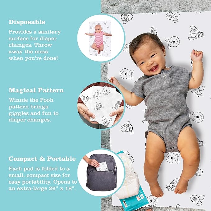 Disney Baby by J.L. Childress Disposable Changing Pads for Baby - Diaper Changing Table Covers, Travel Essentials for Babies, Absorbent Liner Pads, Leak-Resistant, 26"x18" - Winnie The Pooh, 24 Count