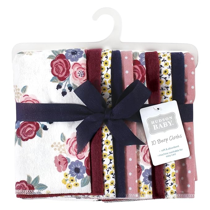 Hudson Baby Unisex Baby Cotton Flannel Burp Cloths, Blush Navy Floral 10-Pack, One Size