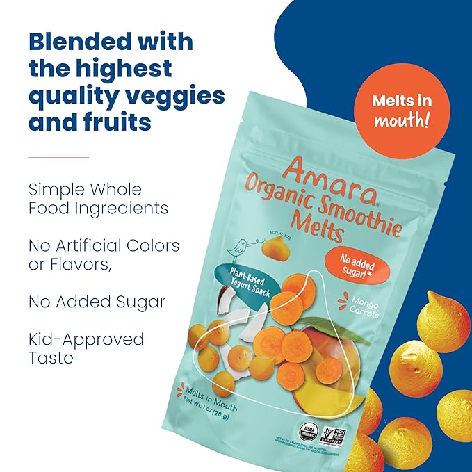 Amara Smoothie Melts - Mango Carrot - Organic Baby Snacks w/ Fruits & Veggies - Plant Based Yogurt Melts - Healthy Toddler Snack - Activity Book Included - Enjoy From 10+ Mos - 6 Resealable Bags