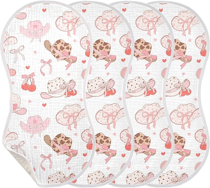 Western Pinks Cowgirl Hat Burp Cloths Baby Boys Girls Absorbent Soft Cotton Burping Cloths Rags, 4 Pack