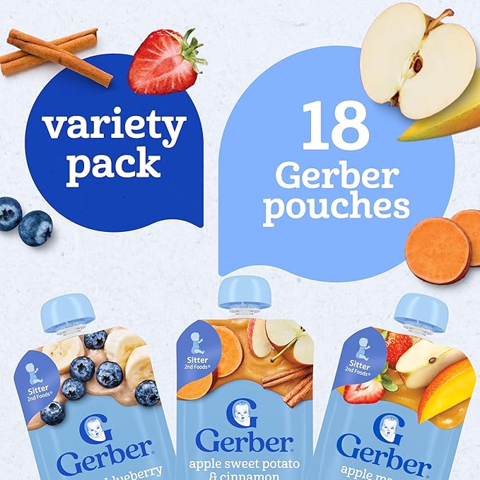 Gerber Baby Food Pouches, Toddler 12+ Months, Assorted Fruit Variety Pack, 3.5 Ounce (Set of 18)