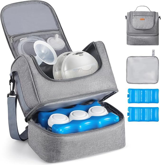 VEVOR Breast Pump Bag, Breast Feeding Bag with Ice Pack, Compatible with Momcozy, Medela & Elvie Pumps, Portable Pump Carrying Case for Breastmilk Storage, Work, Travel and Family Use, Grey