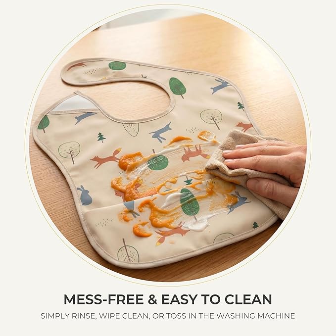 Waterproof Baby Bibs for Eating 3-Pack | Toddler Bibs with Food Catcher | Machine Washable Bibs, Lightweight | Toddlers 6-36 Month, CPSIA Tested, Dinosaur Animal Design (Cream White Beige)