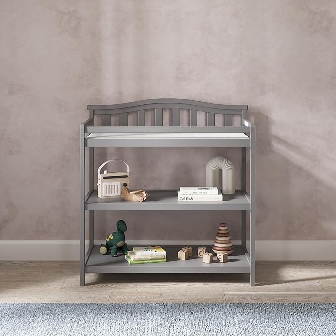 Child Craft Arch Top Infant Changing Table, Water-Resistant Pad and Safety Strap, Anti-Tip Kit Included to Prevent Tipping, Non-Toxic, Baby Safe Finish (Cool Gray)