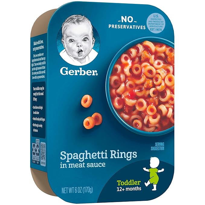 Gerber Snacks for Baby Value Pack (8 Pack) and Gerber Spaghetti Rings in Meat Sauce (6 Pack)