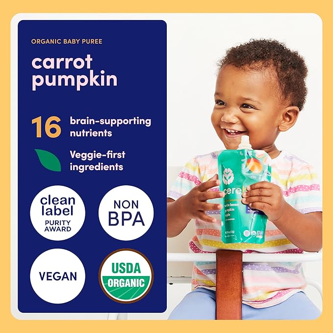 Cerebelly Organic Baby Food Pouches, Carrot Pumpkin Purees, 16 Nutrients, No Added Sugar, Fiber & Non-GMO, 4oz, 12 Pack