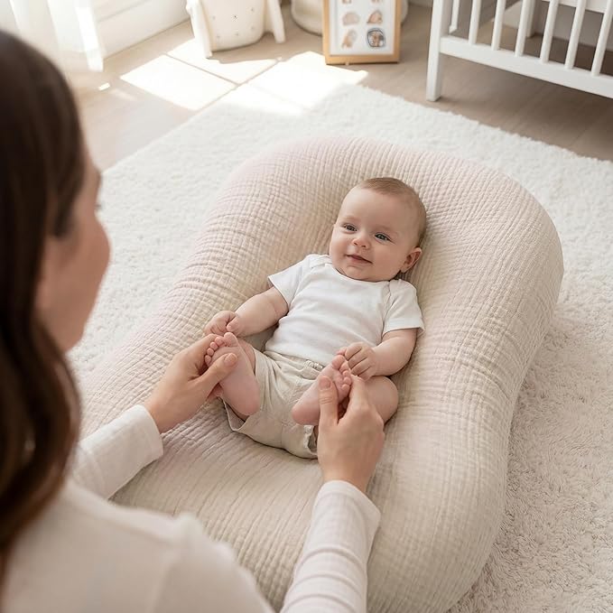 Muslin Baby Lounger Cover 1 Pack, Cotton Soft Breathable Infant Nest Slipcover, Envelope Closure, Compatible with Snuggle Me Loungers, Machine Washable, Cover Only, for Boys Girls(Beige)