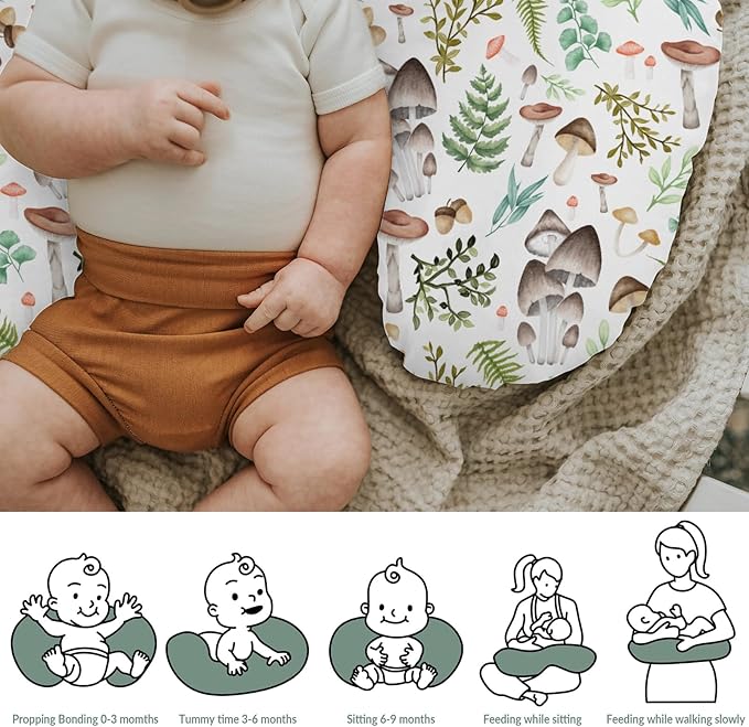 Vintage Mushroom Baby Nursing Pillow Covers for Boy Girl Retro Mushrooms Green Leaves Nursery Pillowcase for Breastfeeding Pillows Magical Plant Soft Stretchy Slipcovers for Newborn Infant