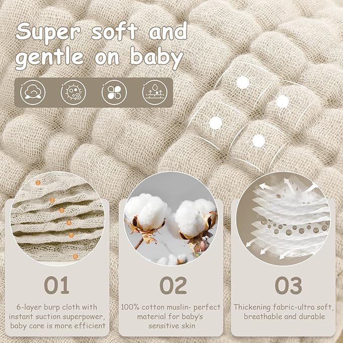Looxii Muslin Burp Cloths 100% Cotton Muslin Cloths 12 Pack Large 20''x10'' Extra Soft and Absorbent Baby Burping Cloth for Boys and Girls (Apricot)