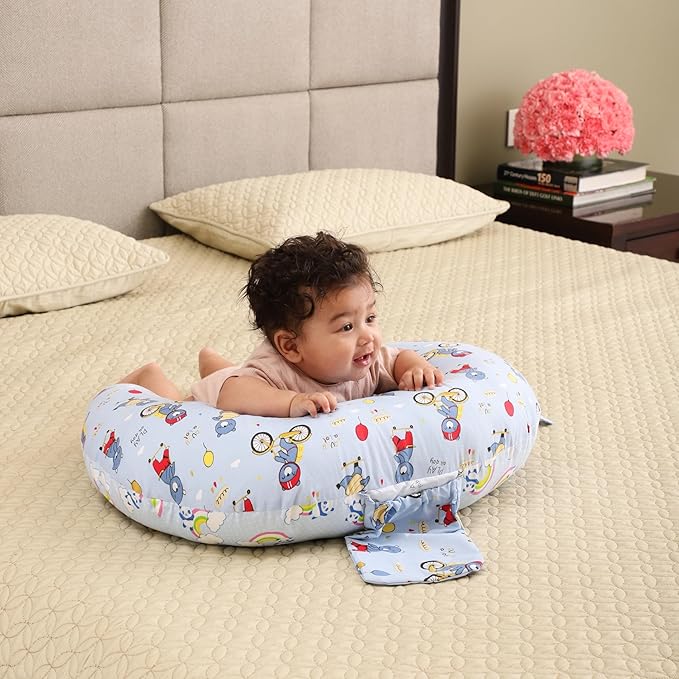 RELY+ Wheelybear Sky Blue Adjustable Nursing Pillow Detachable 100% Cotton Cover | Perfect Support with Plush Polyester Fill | Comfortable for Moms & Babies