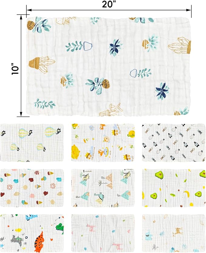 Muslin Burp Cloths Cotton Burping Cloth 20'‘ X 10’' Pack of 10, Baby Spit Up Cloths for Newborn, Absorbent, Soft, Breathable Large, Premium 6-layer Construction, Unisex, for Boys Girls(Cute)