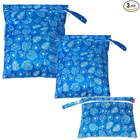 Damero 3Pcs Wet Dry Bag for Cloth Diaper, Swimsuit, Clothes, Ideal for Travel, Exercise, Daycare, Roomy and Water-Resistant(Blue Flowers)