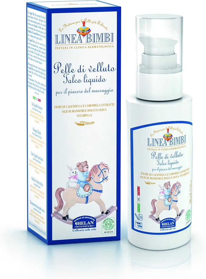 Helan Linea Bimbi - Liquid Talcum Powder for Babies with Vitamin E, Sweet Almond Oil, Calendula - Gentle & Moisturizing Baby Powder for Body Massage, Baby Essentials for Newborn - Made in Italy,100 g