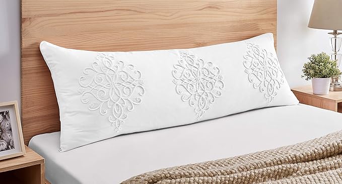 Sweet Jojo Designs White Boho Bohemian Body Pillow Case Cover (Pillow Not Included) - Solid Color Shabby Chic Princess Luxurious Luxury Elegant Vintage Designer Boutique Victorian Cotton Embroidered