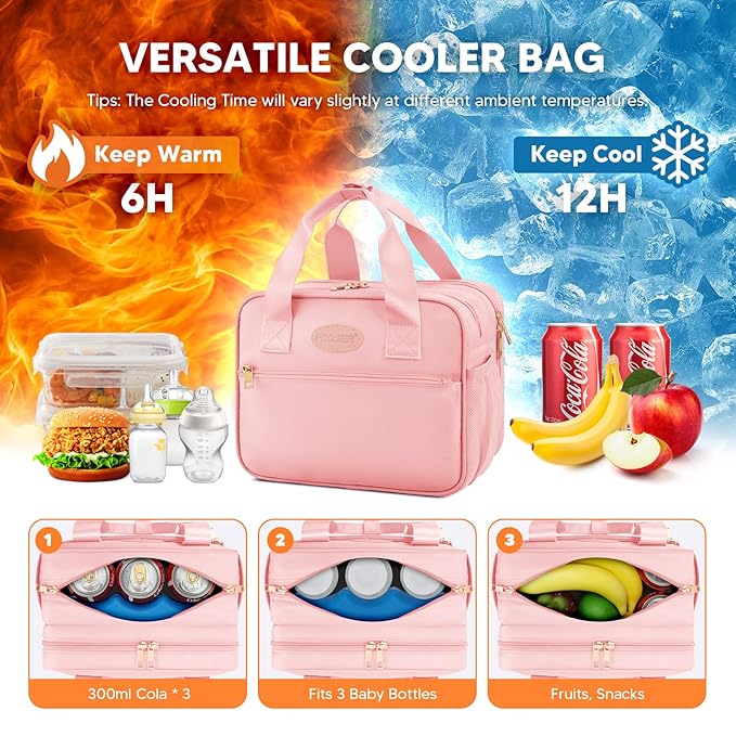 PIIOSER Breastmilk Cooler Travel Bag with Ice Pack, Compatible with Wearable Breast Pumps & Accessories - Portable Hands Free Breast Pump Carrying Case for Nursing & Working Moms, Pink