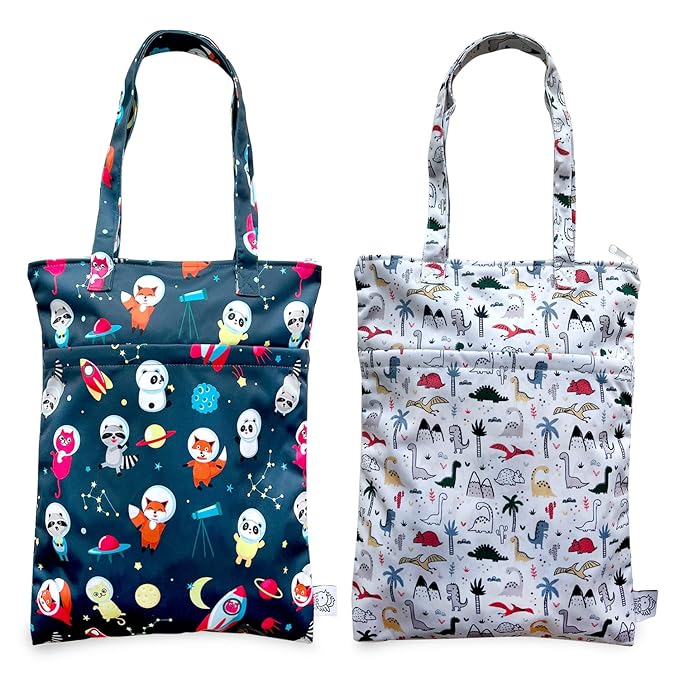 FLOCK THREE 2PCS Bundle Wet Dry Bag Waterproof Tote Reusable Wet Clothes Baby Diapers Stroller Swimsuit Travel Small Larger Electronics Toiletries Pouch Dinosaur and cute Animals