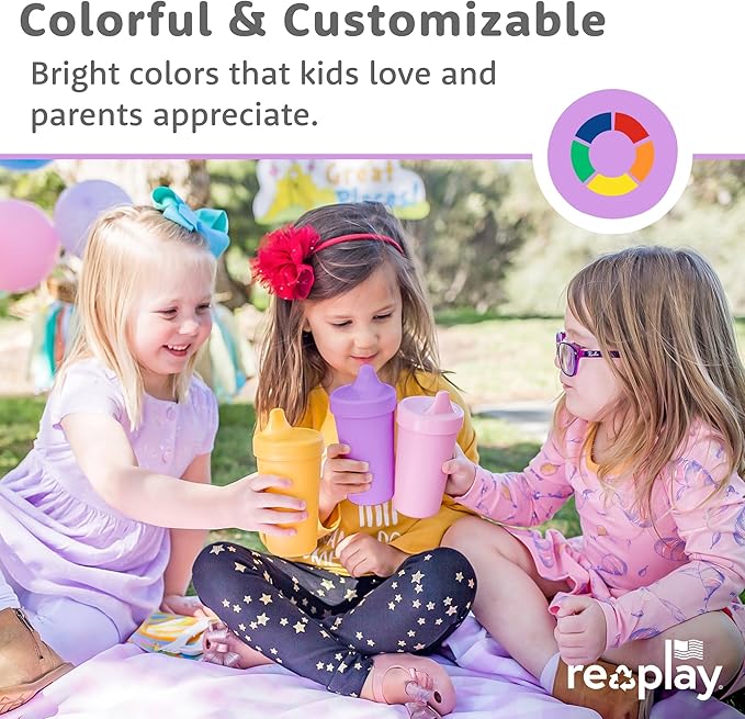 Re-Play Spill-Proof Sippy Cups for Toddlers - Kids Reusable 10 Oz Set of 3, Dishwasher & Microwave Safe, Made in USA, Aqua Asst