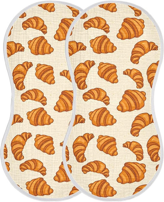 Muslin Burp Cloths for Baby Boys and Girls - 2-Pack Ultra Absorbent Croissants Muslin Washcloths, Newborn Towel, Milk Spit Up Rags, Burp Cloth Bib for Unisex, 22 x 11 Inch