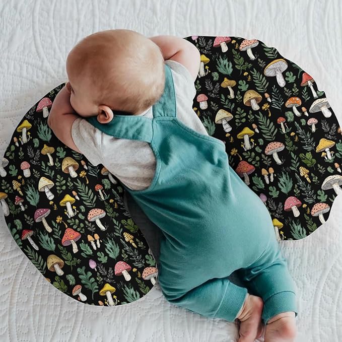 Colorful Mushrooms Green Leaves Baby Nursing Pillow Covers for Boy Girl Fall Mushroom Forest Nursing Pillowcase for Breastfeeding Pillows Autumn Soft Stretchy Slipcovers for Newborn Infant