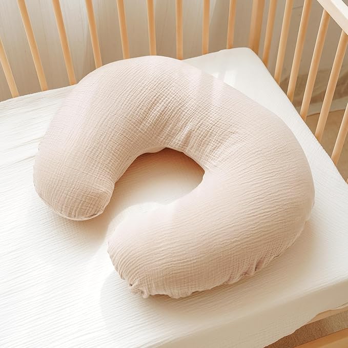 Konssy 2-Pack Muslin Nursing Pillow Covers, Soft & Adorable Nursing Covers for Breastfeeding Pillows, Slipcovers for Newborn Boys & Girls(Brown,Cream)