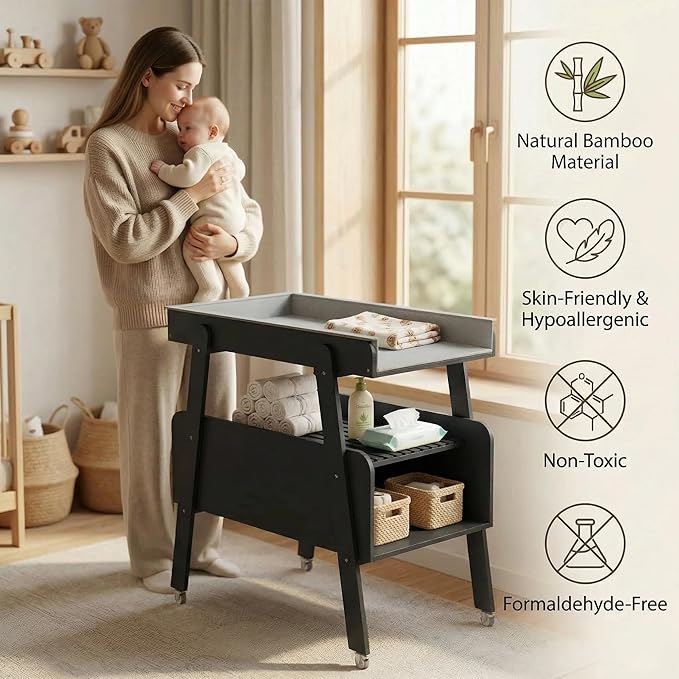 Diaper Changing Station Baby Flat Top Changing Table with Wheels and Changing Pad Nursery Organizer & Storage Rack Mobile Nursery Diaper Changing Table for Baby, Newborn (Black)