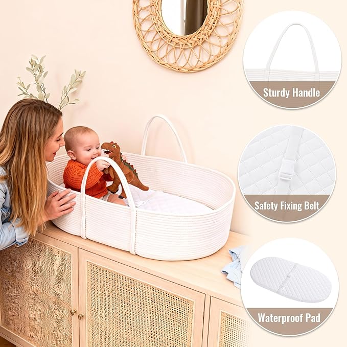 Changing Baskets Set,Moses Basket with Pad and Diaper Caddy,Set of 2 Baskets,Portable Cotton Rope Woven Basket,Replaceable Pad,Gifts for Newborn 28.7" x 15.7" x 7.8"（White）