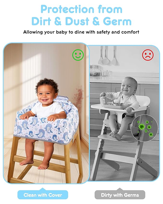 High Chair Cover Portable with 3-Point Harness, Waterproof Baby Seat Cover for Restaurant Travel Home Use, Machine Washable, Fits Wooden Chairs (Blue Whale)