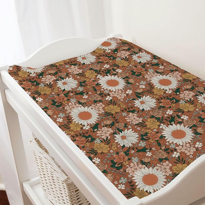 Retro Boho Wild Floral Changing Pad Covers Vintage Flowers Leaves Diaper Changing Table Sheets for Girl Spring Summer Watercolor Blossoms Soft Breathable Stretchy Changing Pad Sheets Mats 32''x16''