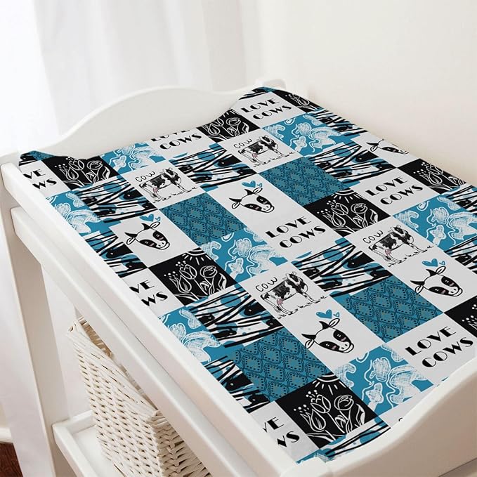 Love Cows Changing Pad Cover Hippie Funny Cows Boho Floral Change Table Pad Cover for Boys Girls Soft Breathable Stretchy Snug Fitted Unisex Diaper Change Table Sheets Mats 32''x16'' Blue