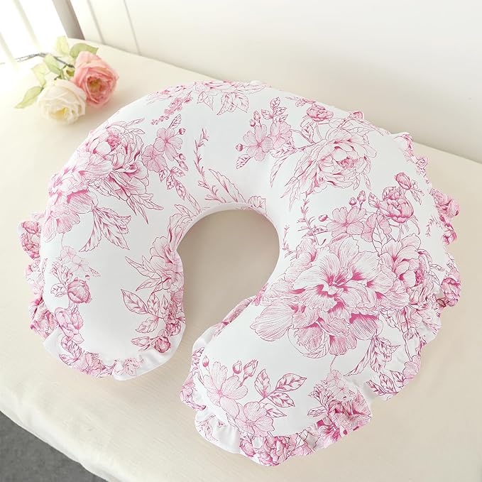 DILIMI Nursing Pillow Cover, Removable Ruffled Pillowcase for Breastfeeding Pillows, Ultra Soft Comfortable Slipcover for Baby Girl and Boy, Pink Floral