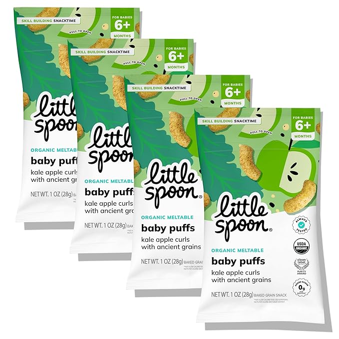 Little Spoon Kale Apple Meltable Baby Puffs, Organic Corn Quinoa Sorghum, No Rice, No Added Sugar Snacks, Encourages Self-Feeding, 1 Oz Bag, 4 Pack
