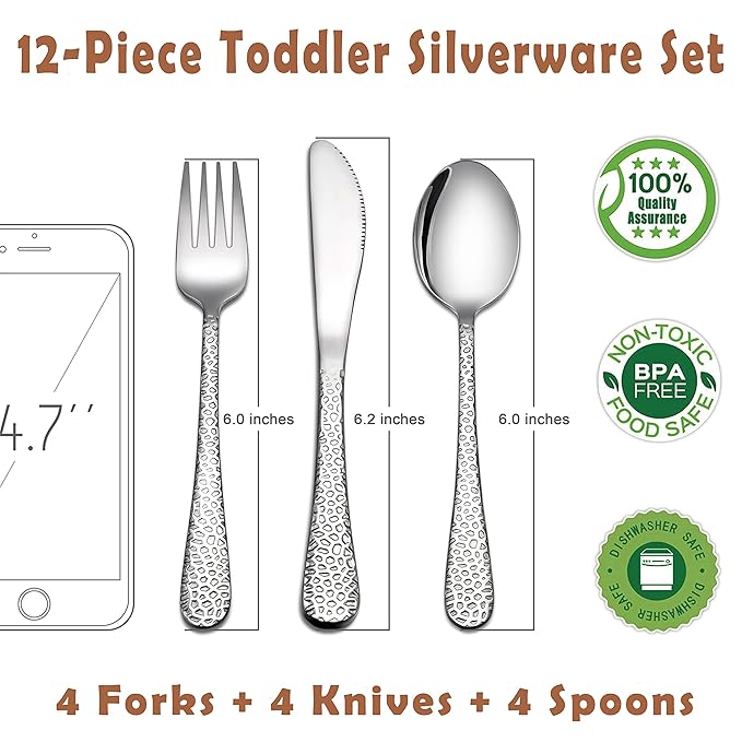 HaWare 12-Piece Toddler Kids Silverware Set, Stainless Steel Hammered Flatware Cutlery, Children Tableware Includes 4 Spoons&Forks&Butter Knives, Ideal for Preschooler, Dishwasher Safe