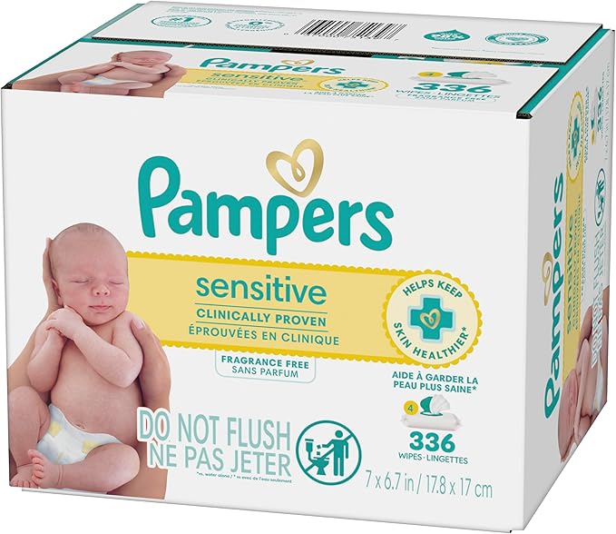 Pampers Sensitive Baby Wipes, Water Based, Clinically Proven, Hypoallergenic, and Unscented for Babies, 504 Wipes Total (6 Flip-Top Packs) [Packaging May Vary]