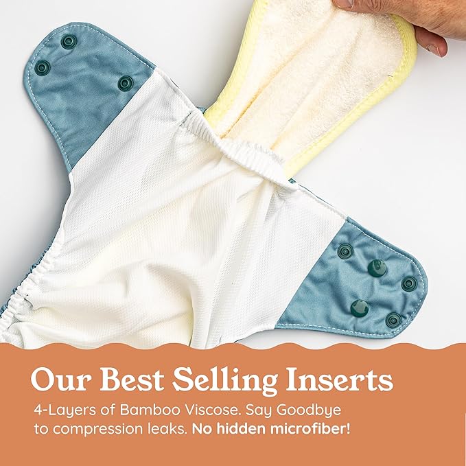 Kinder Cloth Diapers Reusable Baby Diapers Pocket Style Athletic Wicking Jersey, Bamboo Viscose Inserts, Wet Bag, Newborn to Potty Training 7-60lbs, One Size (Boho Florals, 5 Pack, with Inserts)