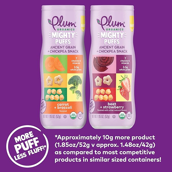 Plum Organics Mighty Puffs Ancient Grain + Chickpea Snack, Carrot + Broccoli Flavor, Baby Crawlers, Kosher, USDA Certified Organic, Non-GMO, 1.85 Ounce (Pack of 6)