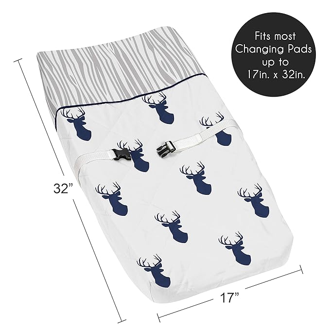 Sweet Jojo Designs Navy Blue White Woodland Deer Boy Baby Changing Pad Cover – Infant Newborn Diaper Table Change Mat Sheet - Forest Animal Stag Antler