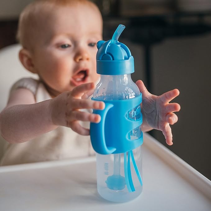 Dr. Brown's Milestones Sippy Spout & Straw Bottle Bundle with 100% Silicone Handles, 8oz/250mL, 2-Pack, Green & Gray, Blue & Gray, 6m+