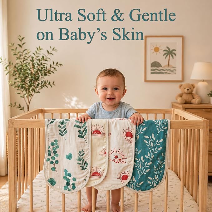 Baby Burp Cloths (4 Pack) 70% Bamboo Viscose 30% Cotton Ultra Soft & Super Absorbent Burping Cloths for Newborn Boys & Girls Large 20x10 Inch, Hypoallergenic Drool Rags, Unisex
