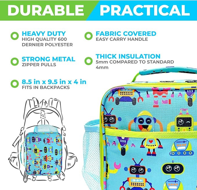 Bento Lunch Box for Kids with Thermo for Hot Food Soup, Insulated Lunch Bag and Ice Cold Pack Set, Stainless Steel Lunch Thermal, Container Boxes with 4 Compartments, Green Robot