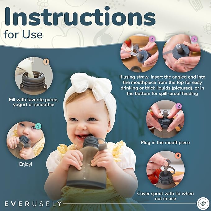 Everusely Reusable Baby Food Pouches for Toddlers - 2 Pack, 6 oz/180 ml, Lavender - Squeezable Silicone Food Pouch - Refillable, Leakproof, Spill Proof Puree Containers - BPA Free - Dishwasher Safe