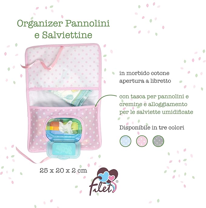 Diaper and Wipes Bag, Portable Diaper and Wipes Bag Organizer, with Booklet Opening, Gift Idea for Future Parents, 100% Made in Italy, Pink Colour, AMA1717R
