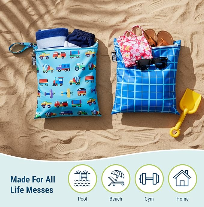 Wildkin Wet Bag Set for Boys, & Girls – Durable Zipper with Snap Loop Handle, Reusable Water-Resistant Bags for Beach, Pool, Travel & Gym - Trains, Planes & Trucks