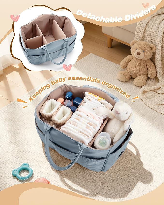 Marscamd Quilted Baby Diaper Caddy with Detachable Dividers and Wipes Pocket, Lightweight Baby Caddy Organizer with Handles and 8 Pockets for Baby Stuff, Dusty Blue