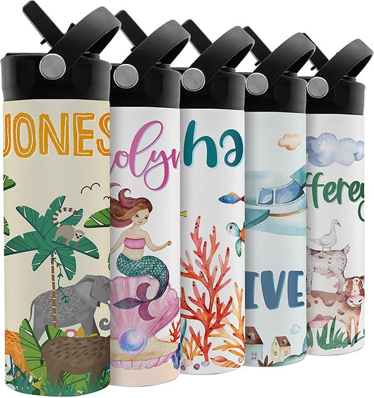 Personalized Kids Water Bottle with Straw Lid - 20 oz - 11 Wraparound Designs, Custom Water Bottle for Children, Back to School Gifts - BPA FREE, Double-Wall Insulated, Birthday Gifts - Zoo