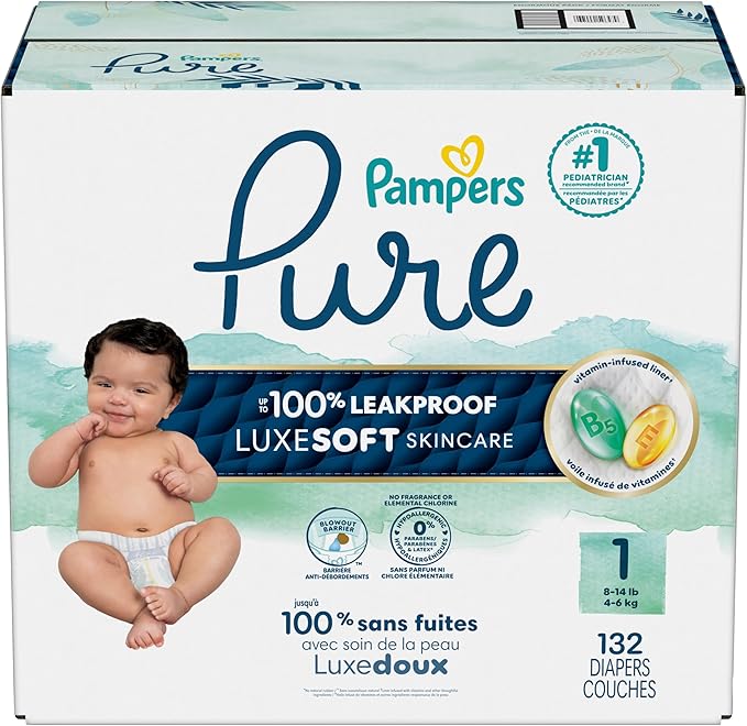 Pampers Pure Baby Diapers, Size 1 (8-14 lbs), 132, Up to 100% Leakproof, Premium Hypoallergenic Soft Diapers